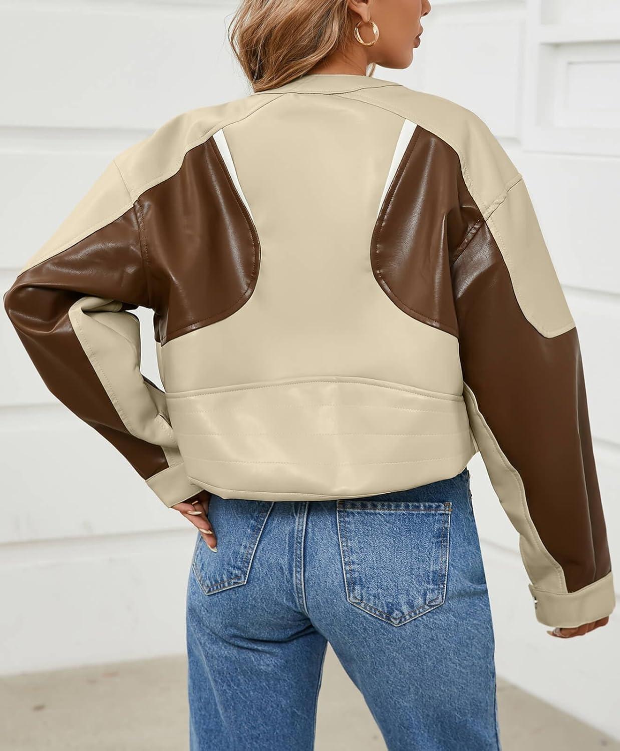 imageTankaneo Womens Faux Leather Bomber Jackets Cropped Zip Up Color Block Fall Casual Moto Biker CoatsKhaki