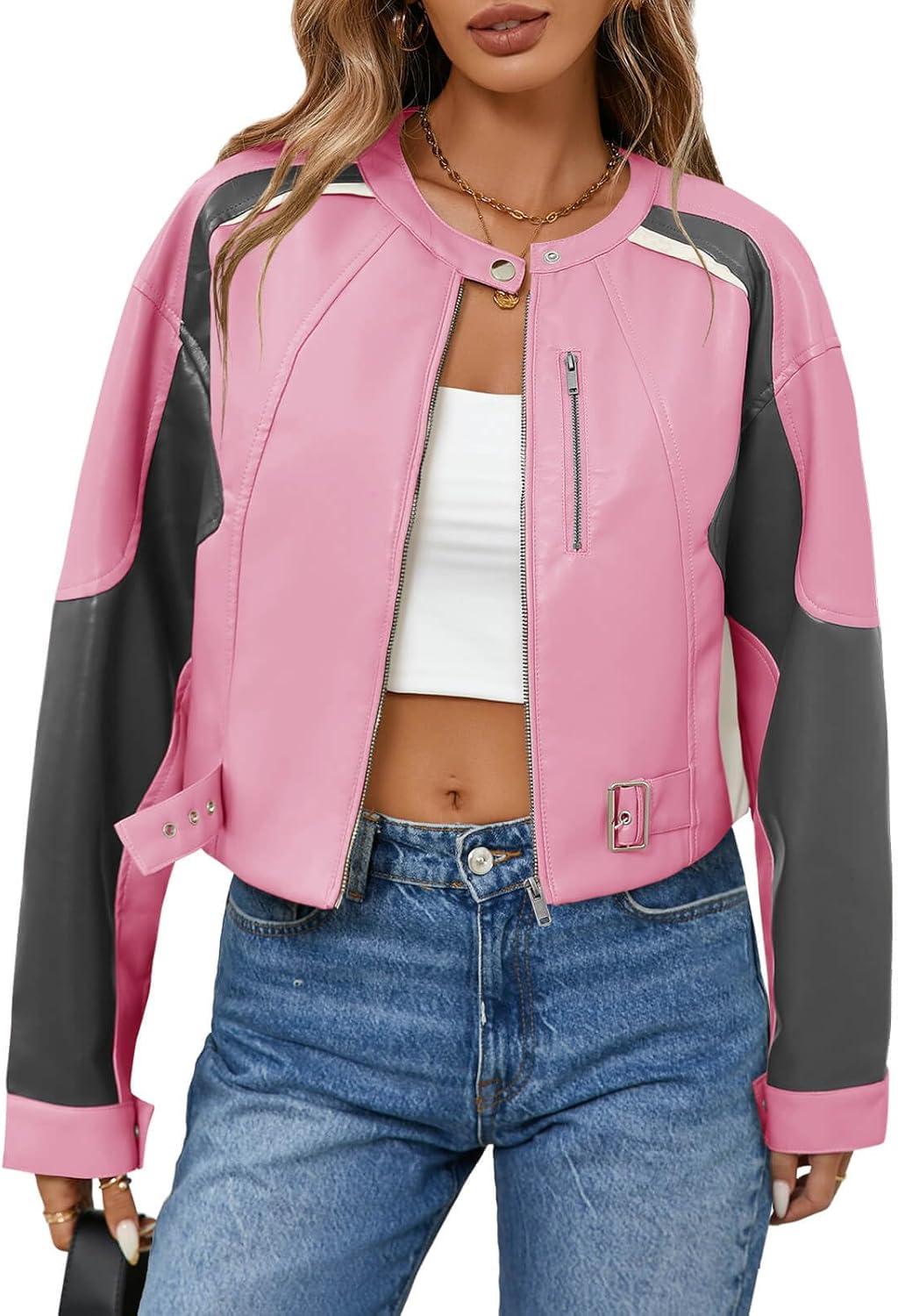 imageTankaneo Womens Faux Leather Bomber Jackets Cropped Zip Up Color Block Fall Casual Moto Biker CoatsPink Purple