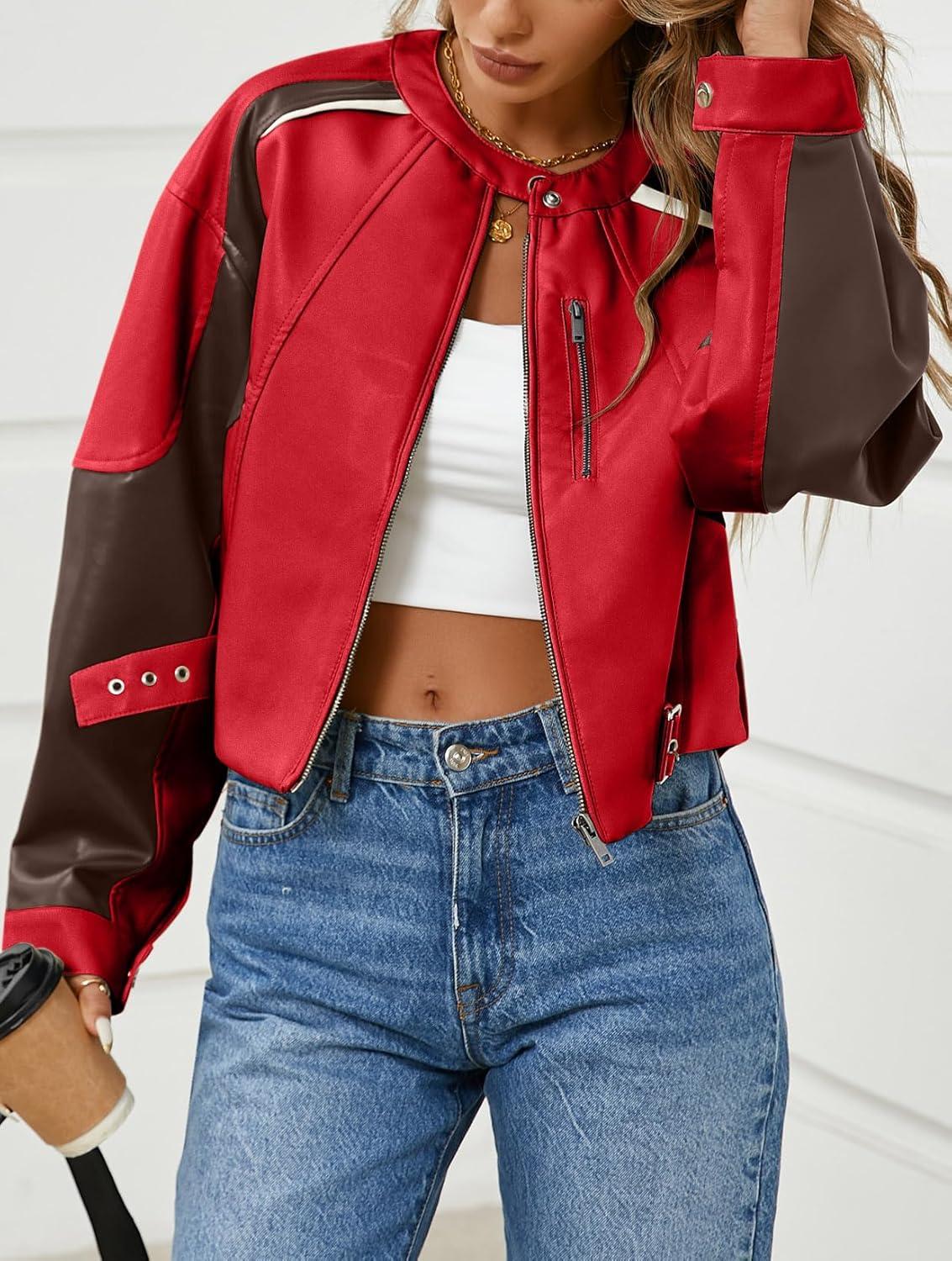 imageTankaneo Womens Faux Leather Bomber Jackets Cropped Zip Up Color Block Fall Casual Moto Biker CoatsRed