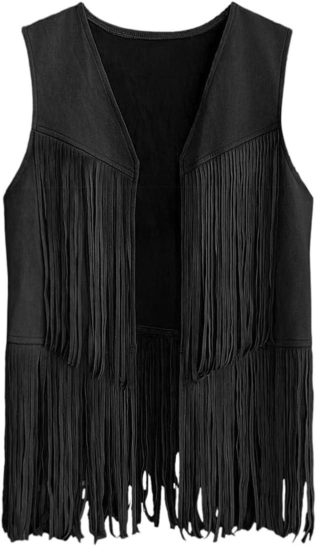 imageTassels Fringe Top for Women 60s 70s Hippie Tassels Vest Western Faux Suede Leather Jacket Cowgirl Costume PartyBlack