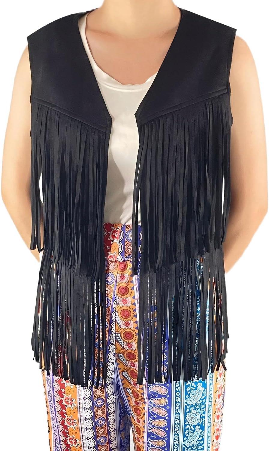 imageTassels Fringe Top for Women 60s 70s Hippie Tassels Vest Western Faux Suede Leather Jacket Cowgirl Costume PartyBlack