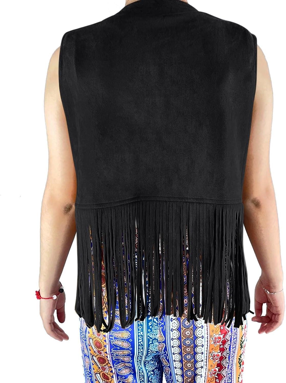 imageTassels Fringe Top for Women 60s 70s Hippie Tassels Vest Western Faux Suede Leather Jacket Cowgirl Costume PartyBlack