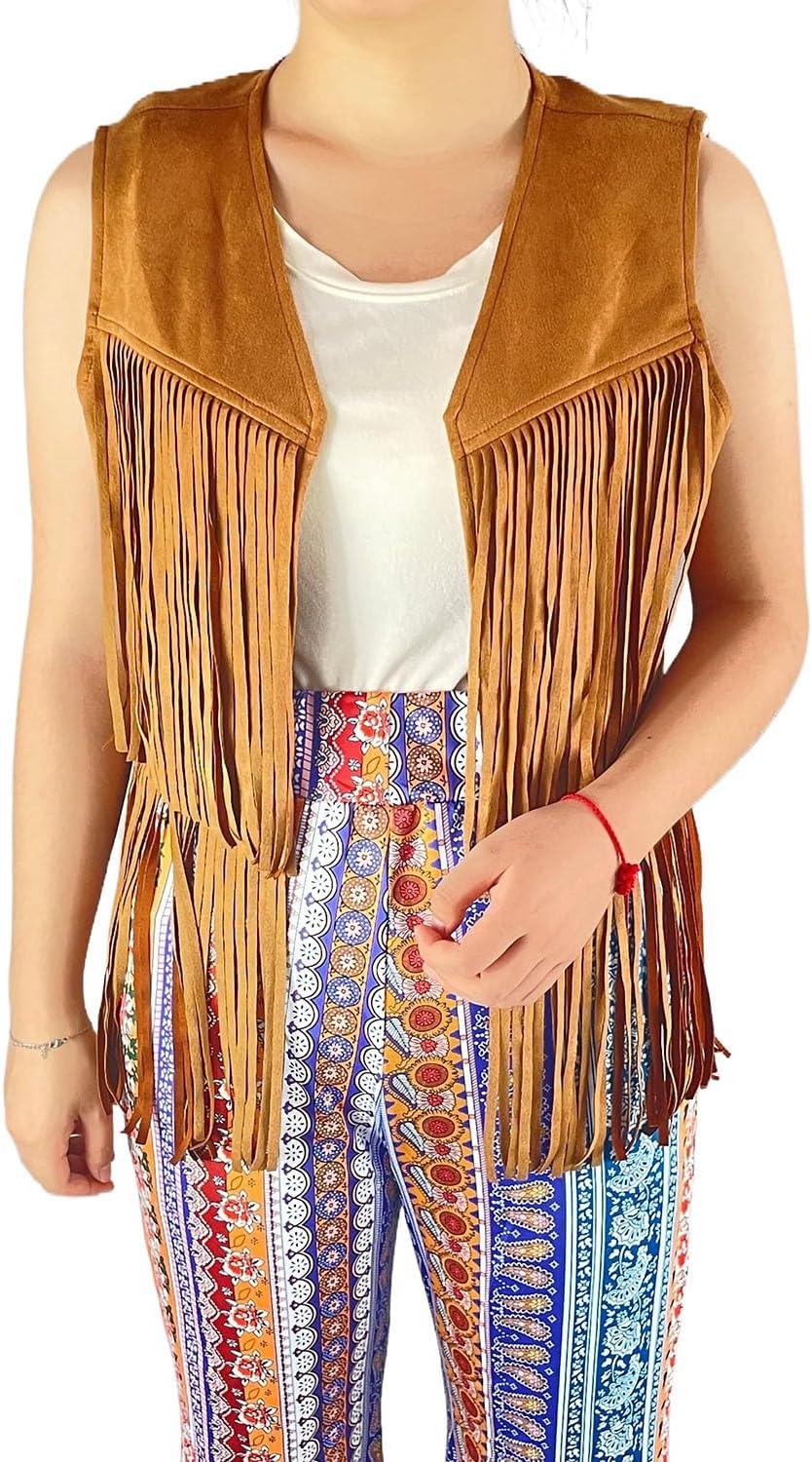 imageTassels Fringe Top for Women 60s 70s Hippie Tassels Vest Western Faux Suede Leather Jacket Cowgirl Costume PartyBrown