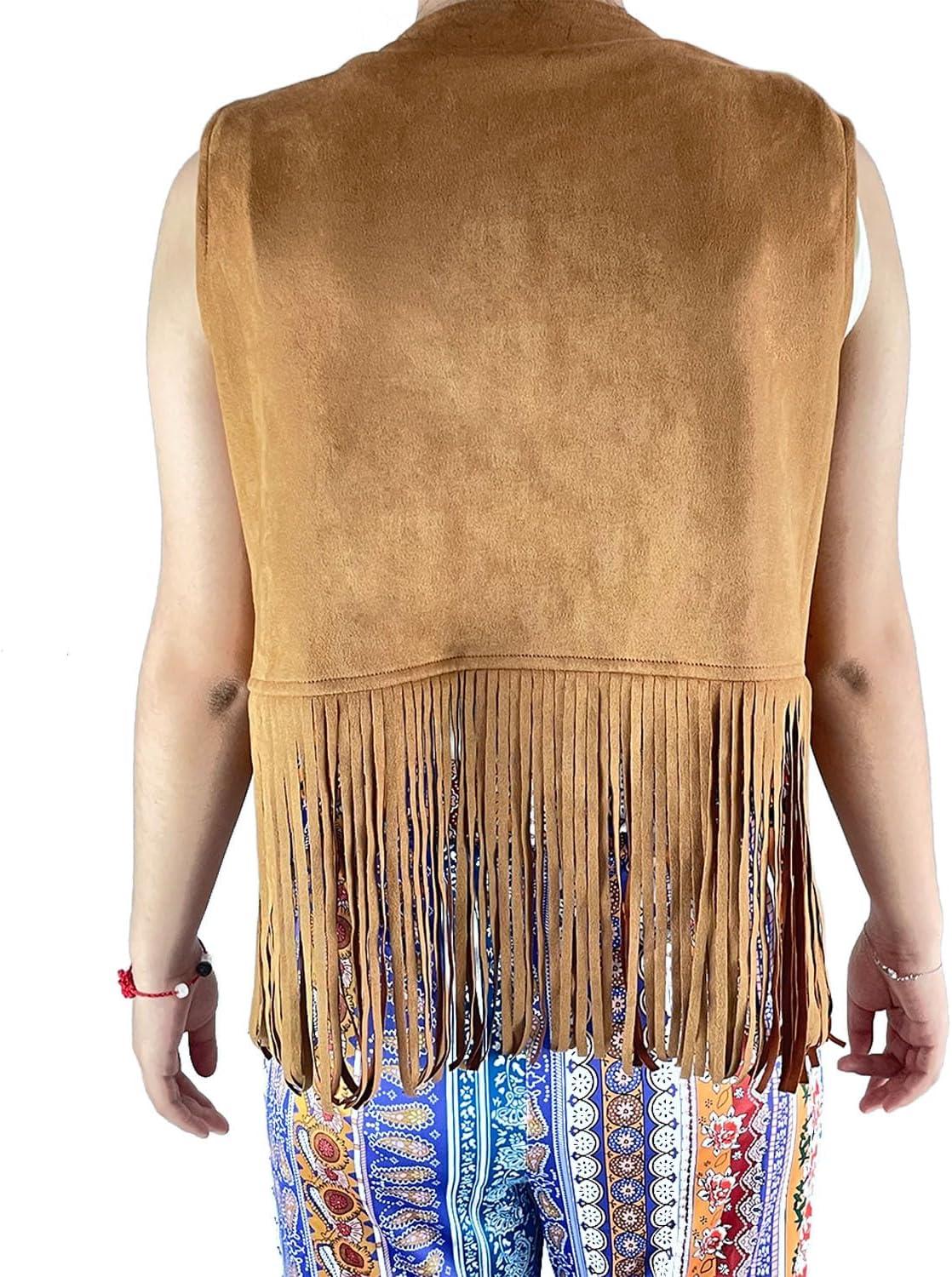 imageTassels Fringe Top for Women 60s 70s Hippie Tassels Vest Western Faux Suede Leather Jacket Cowgirl Costume PartyBrown