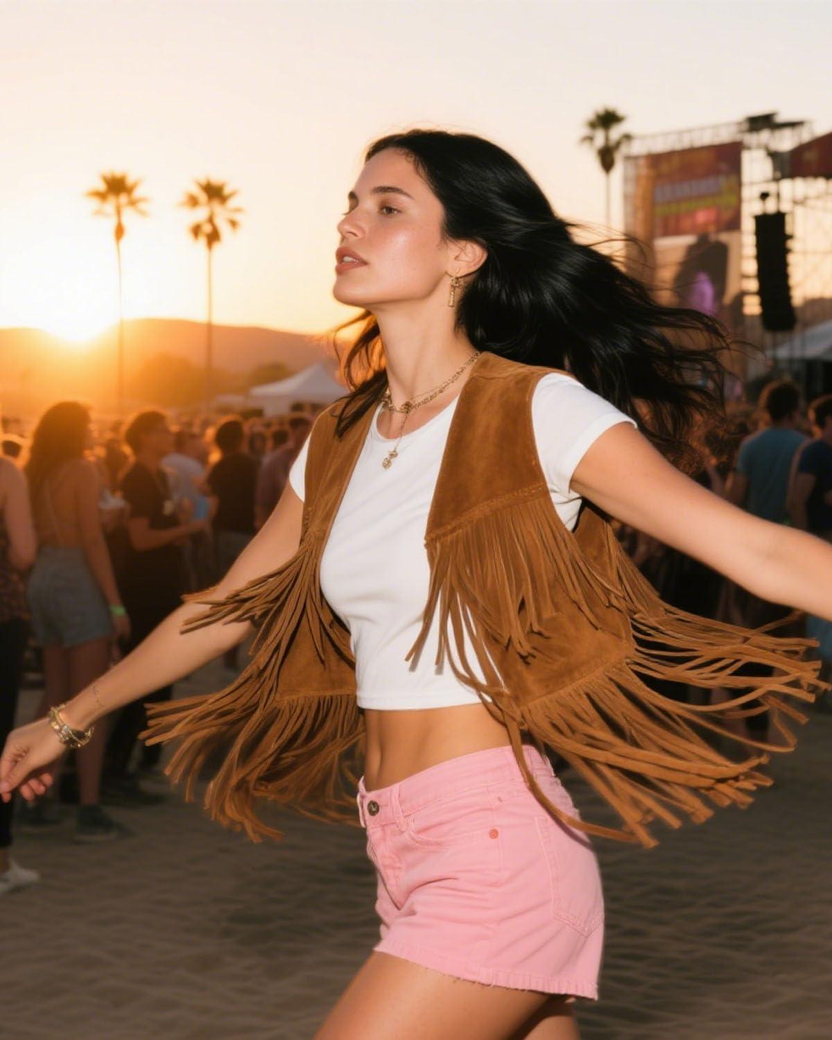 imageTassels Fringe Top for Women 60s 70s Hippie Tassels Vest Western Faux Suede Leather Jacket Cowgirl Costume PartyBrown