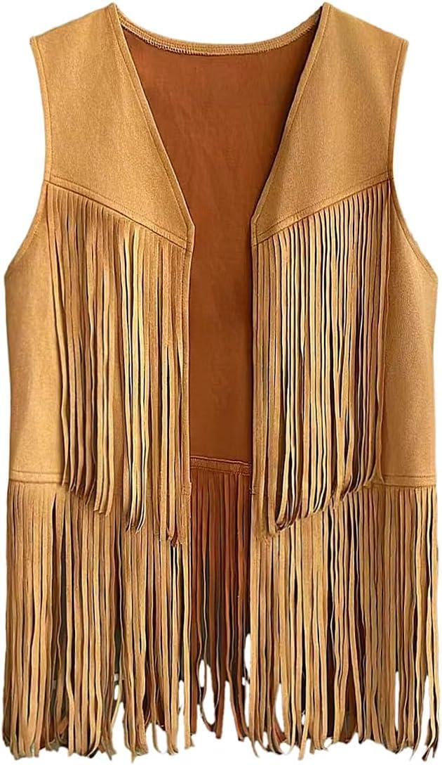 imageTassels Fringe Top for Women 60s 70s Hippie Tassels Vest Western Faux Suede Leather Jacket Cowgirl Costume PartyBrown