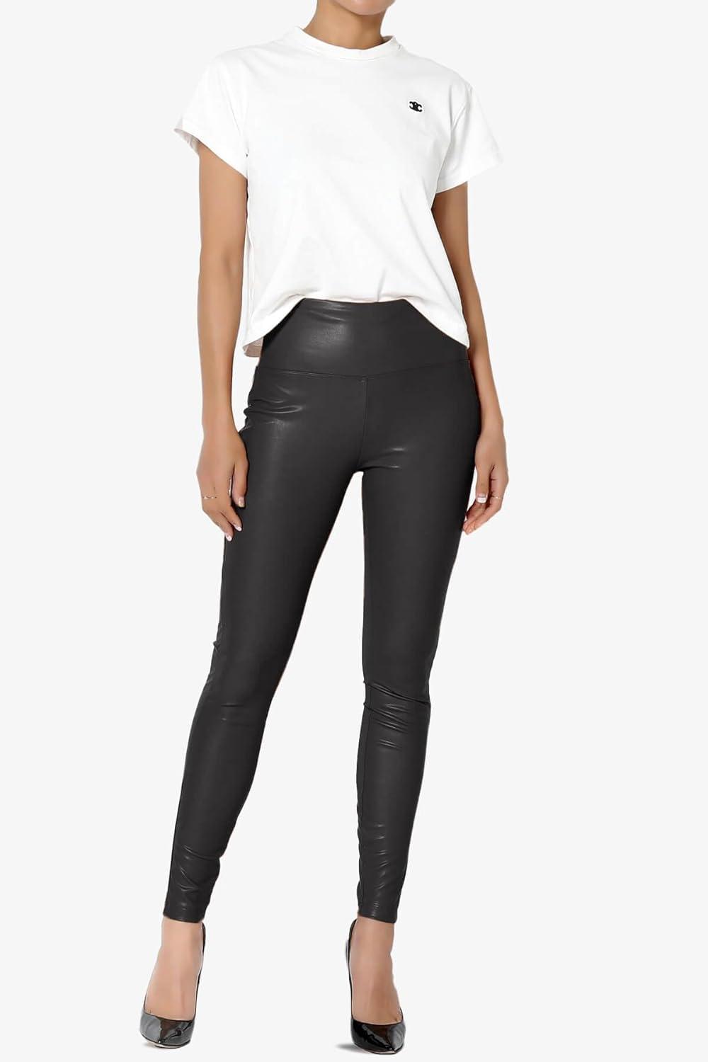 imageTheMogan Womens Sexy High Waist Faux Leather Leggings Slim Fit Stretch Pants Casual Night OutBlack