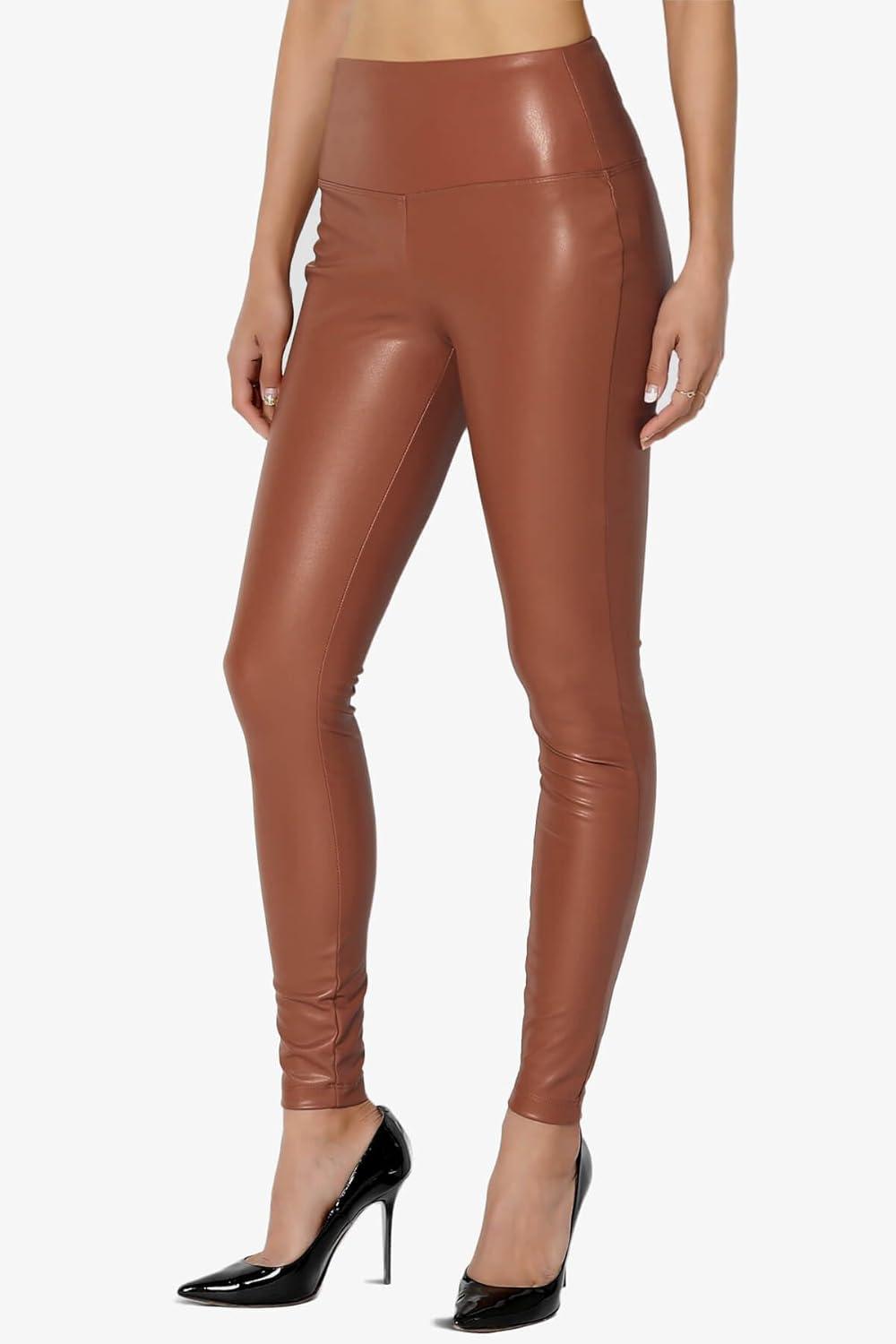 imageTheMogan Womens Sexy High Waist Faux Leather Leggings Slim Fit Stretch Pants Casual Night OutDark Camel