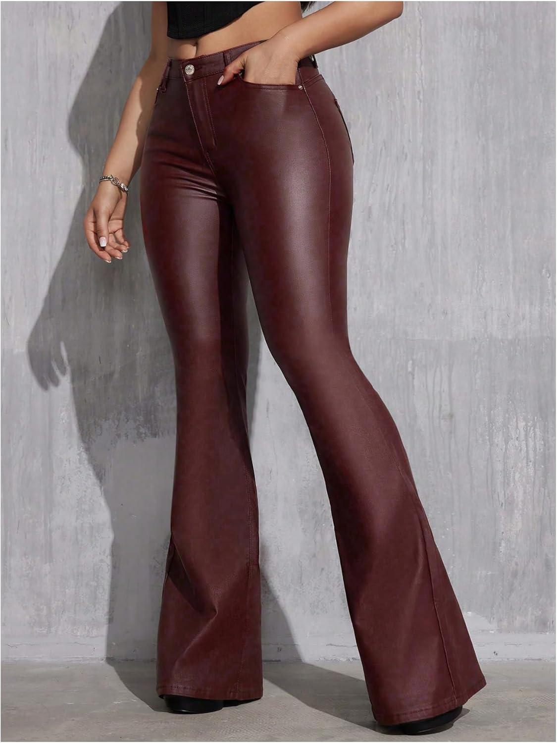 imageWDIRARA Womens Faux Leather Flare Pants Stretchy Skinny Leggings Bootcut PantsBurgundy