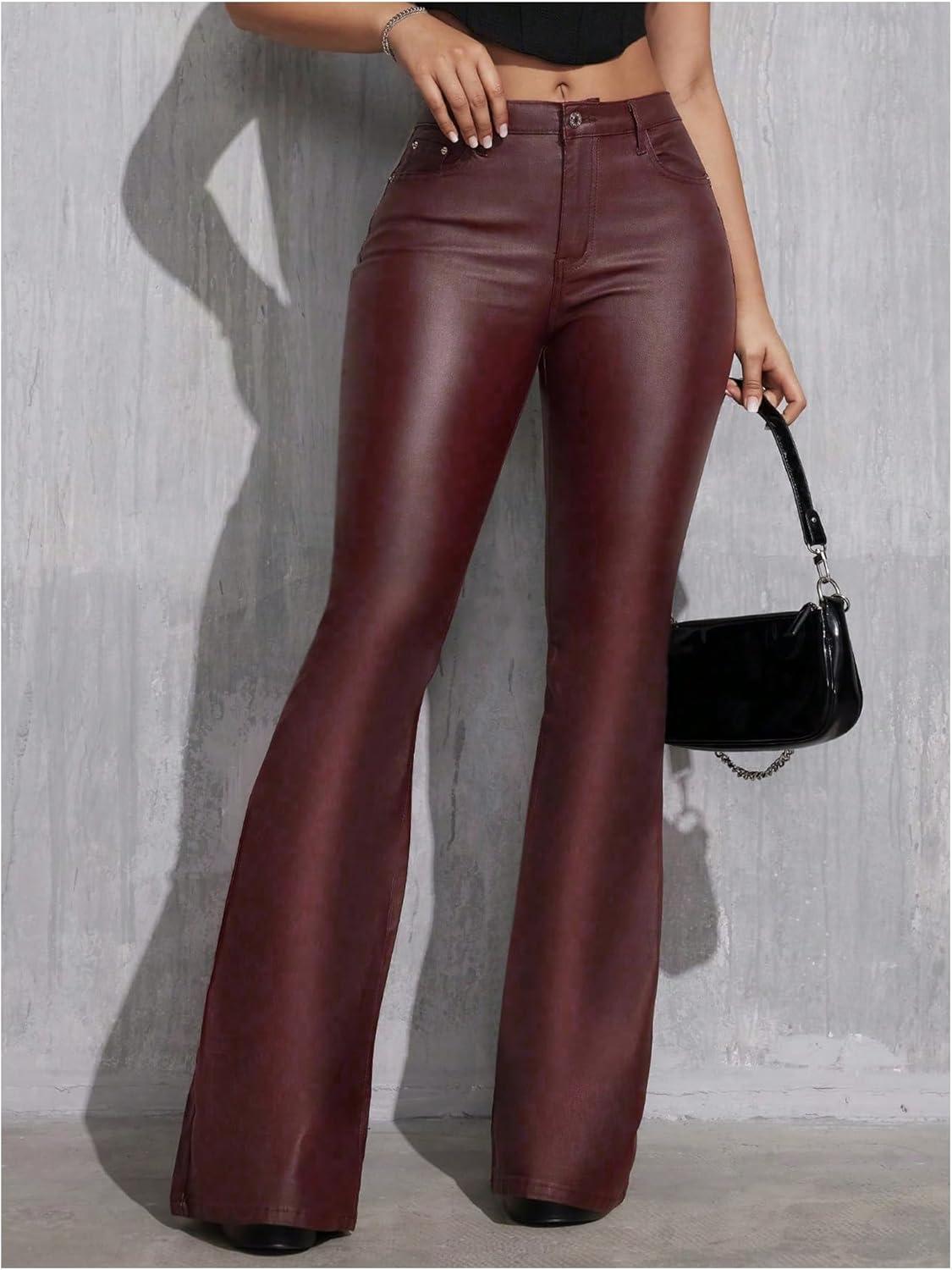 imageWDIRARA Womens Faux Leather Flare Pants Stretchy Skinny Leggings Bootcut PantsBurgundy
