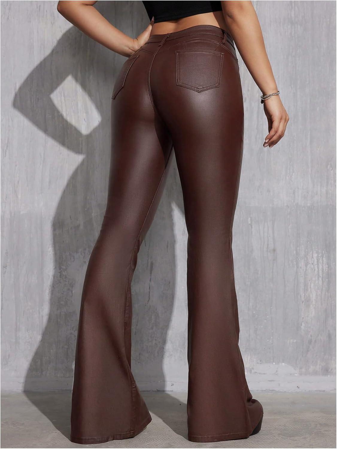 imageWDIRARA Womens Faux Leather Flare Pants Stretchy Skinny Leggings Bootcut PantsChocolate Brown