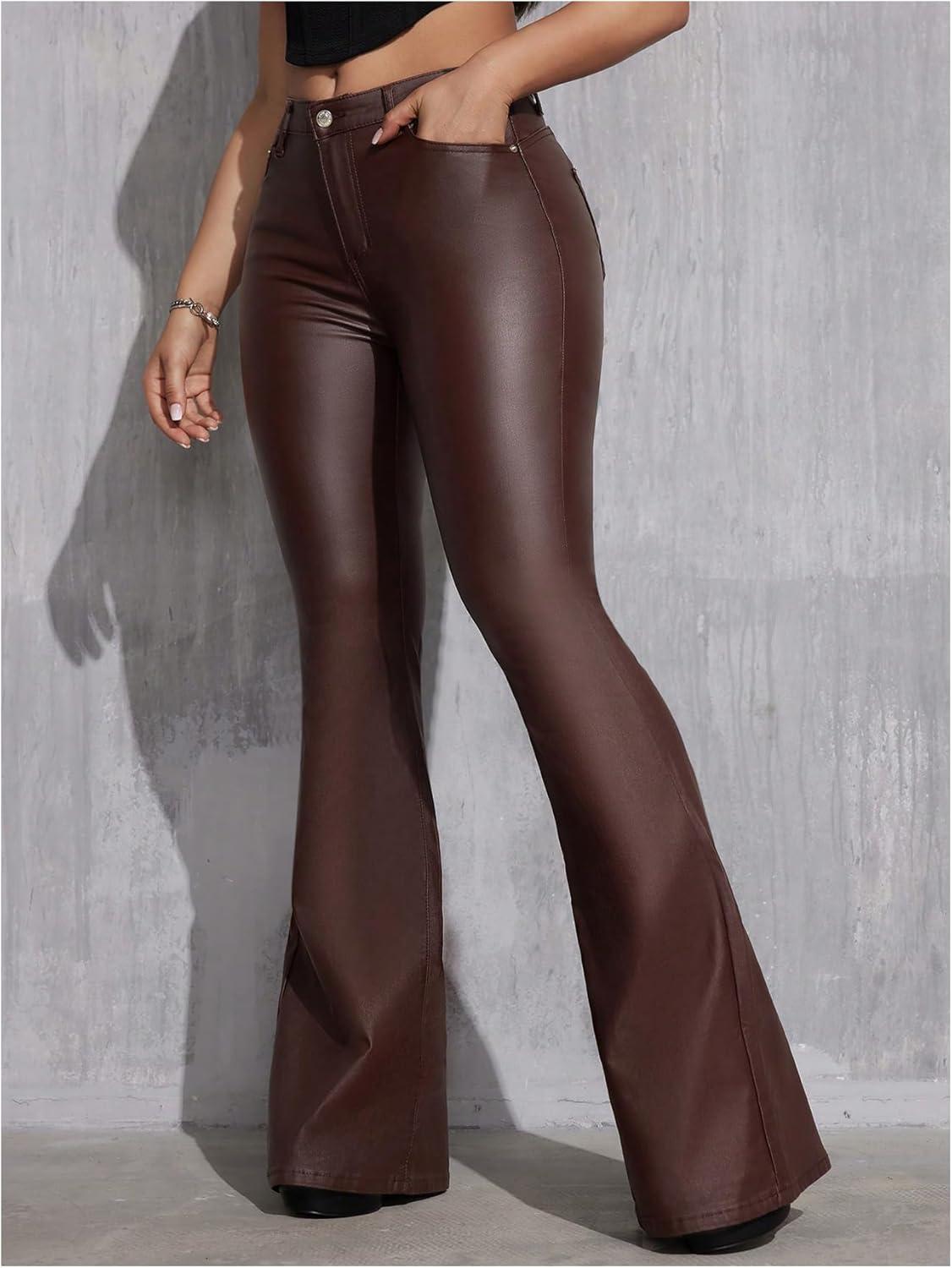 imageWDIRARA Womens Faux Leather Flare Pants Stretchy Skinny Leggings Bootcut PantsChocolate Brown