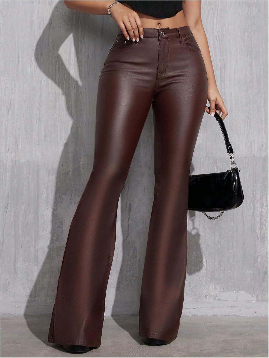 imageWDIRARA Womens Faux Leather Flare Pants Stretchy Skinny Leggings Bootcut PantsChocolate Brown