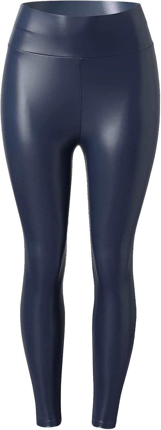 imageWomen High Waisted Faux Leather Leggings Butt Lifting Stretchy PU Pants Sexy Tights for Casual Hip HopBlue