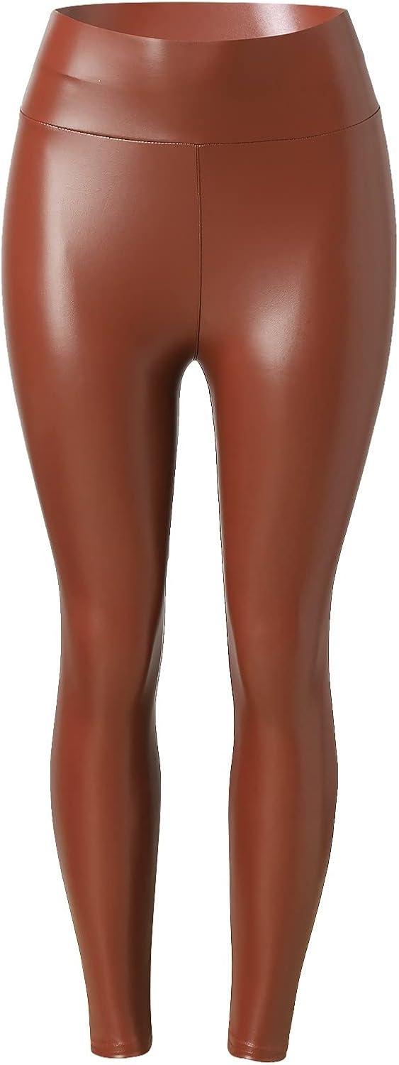 imageWomen High Waisted Faux Leather Leggings Butt Lifting Stretchy PU Pants Sexy Tights for Casual Hip HopBronze