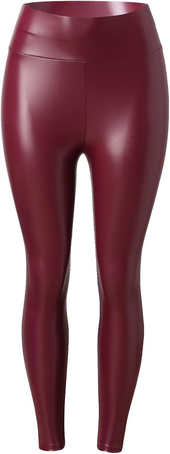 imageWomen High Waisted Faux Leather Leggings Butt Lifting Stretchy PU Pants Sexy Tights for Casual Hip HopRed