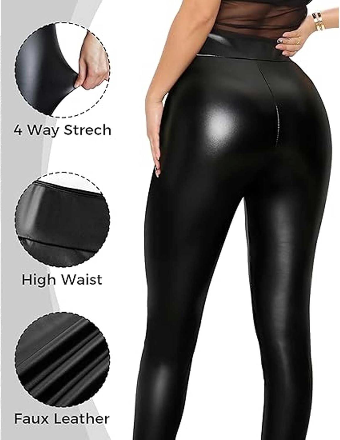 imageWomen High Waisted Faux Leather Leggings Butt Lifting Stretchy PU Pants Sexy Tights for Casual Hip HopRed