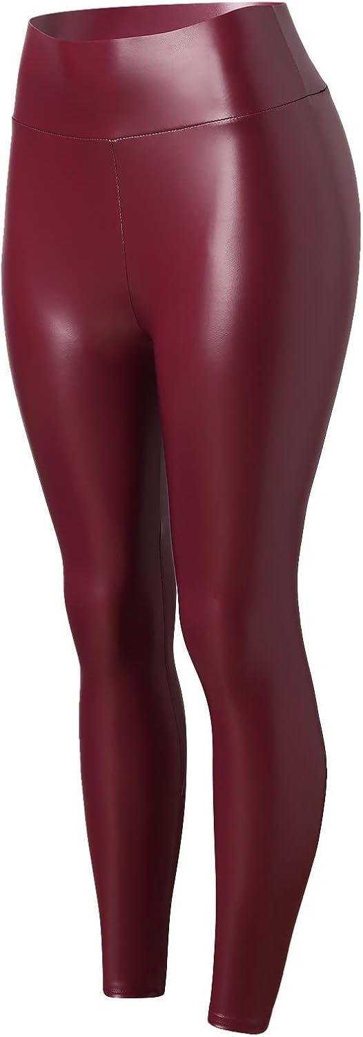 imageWomen High Waisted Faux Leather Leggings Butt Lifting Stretchy PU Pants Sexy Tights for Casual Hip HopRed