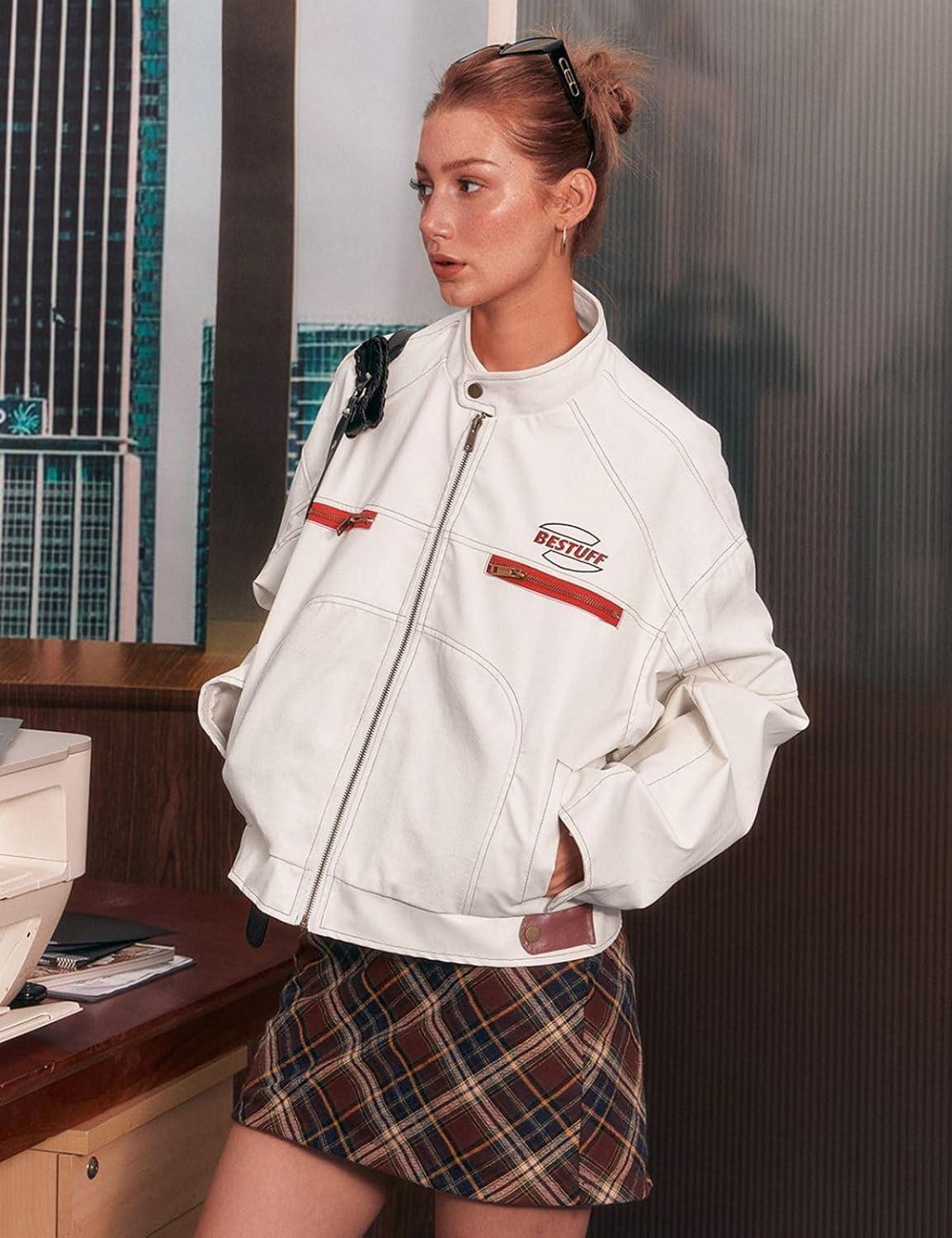imageWomens Cropped Moto Biker Jacket PU Leather Short Racing Coat with Stand Collar Zip PocketsWhite