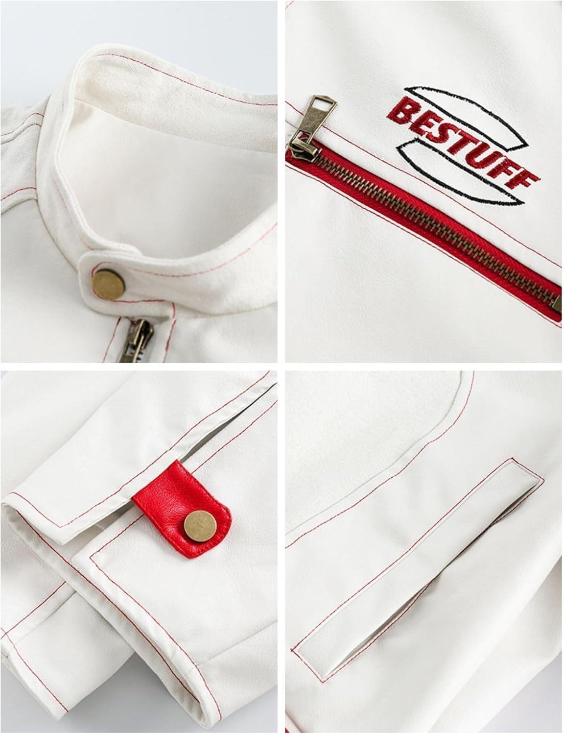 imageWomens Cropped Moto Biker Jacket PU Leather Short Racing Coat with Stand Collar Zip PocketsWhite