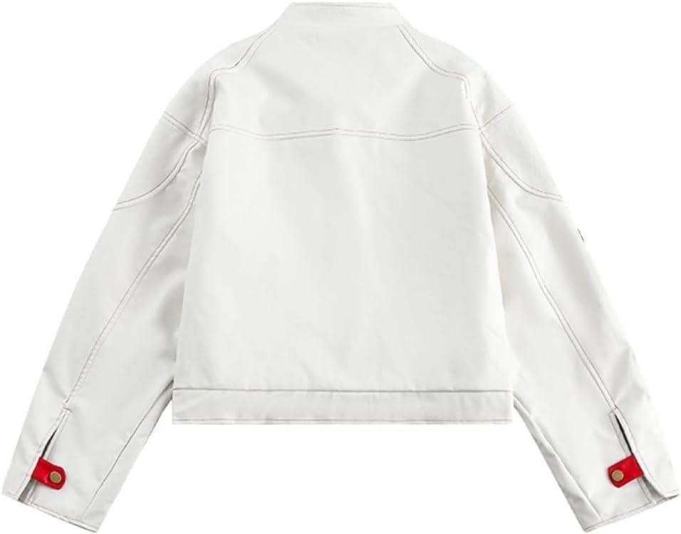 imageWomens Cropped Moto Biker Jacket PU Leather Short Racing Coat with Stand Collar Zip PocketsWhite