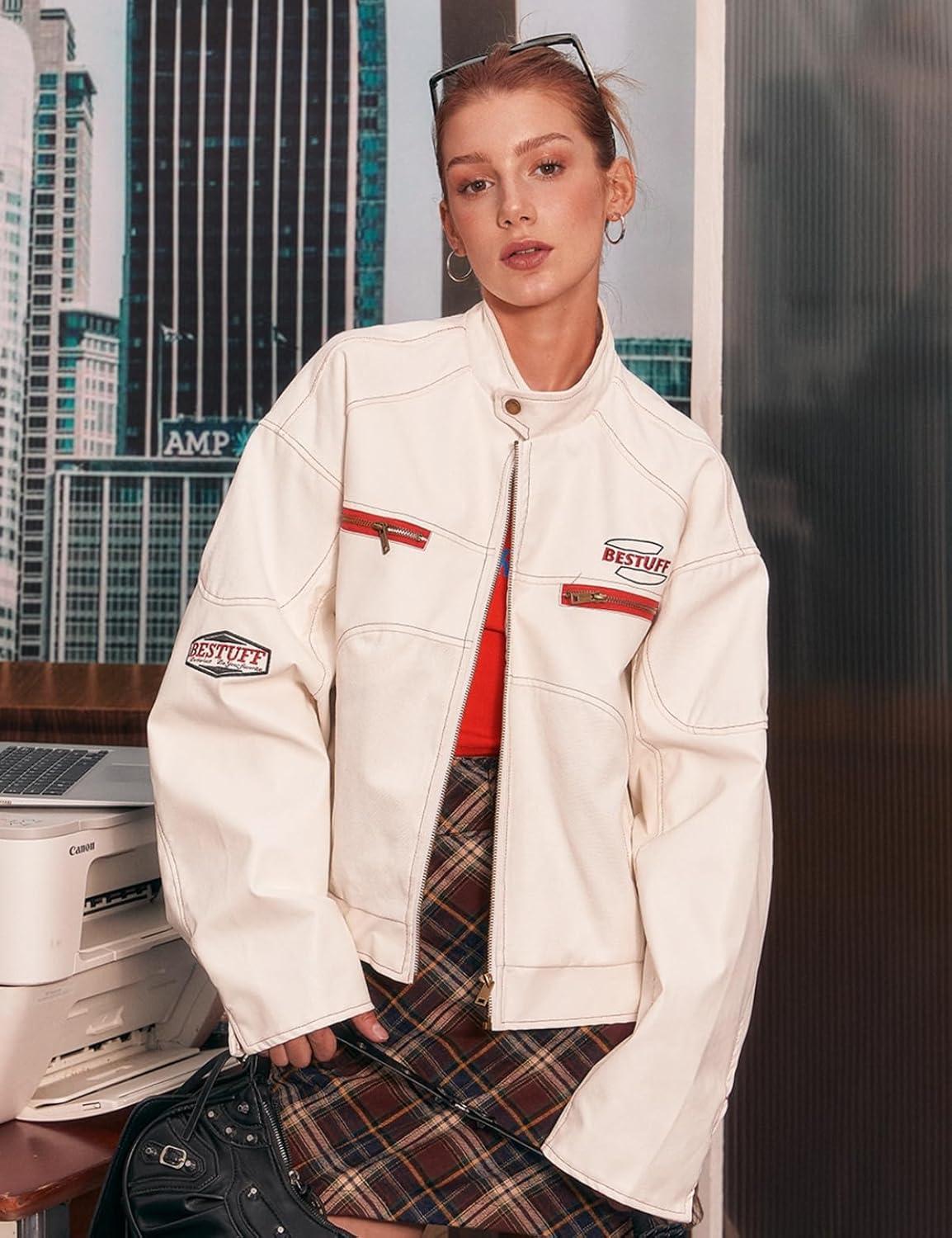 imageWomens Cropped Moto Biker Jacket PU Leather Short Racing Coat with Stand Collar Zip PocketsWhite