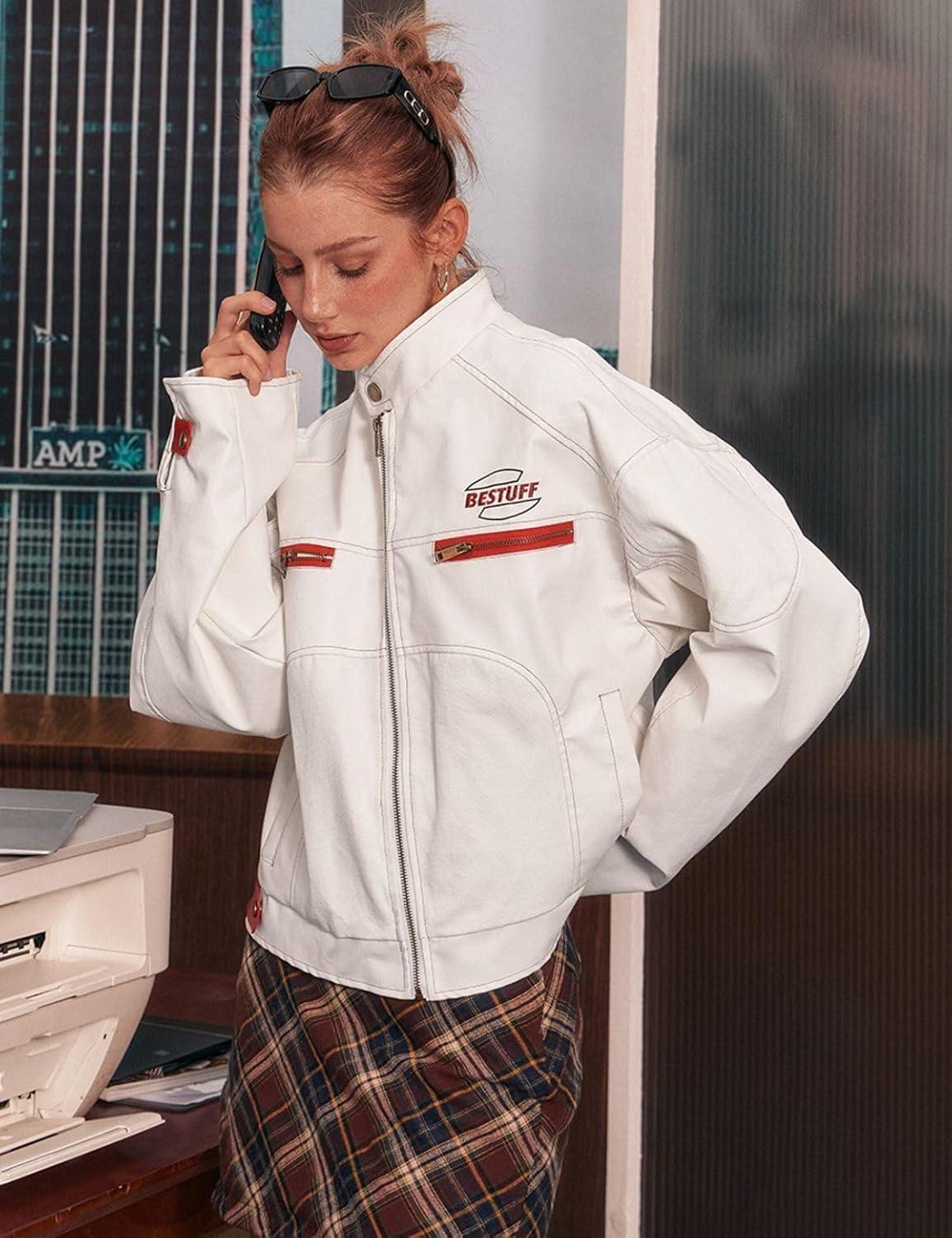 imageWomens Cropped Moto Biker Jacket PU Leather Short Racing Coat with Stand Collar Zip PocketsWhite