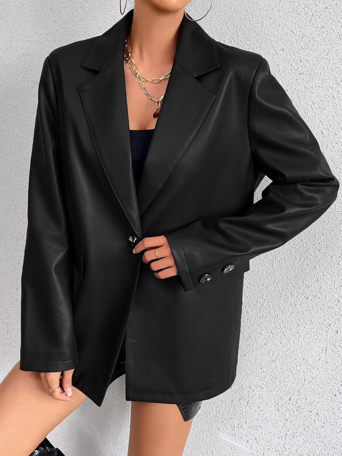 imageWomens Faux Leather Blazer Jacket Moto Biker Coat Long Sleeves Button Fashion CoatsBlack