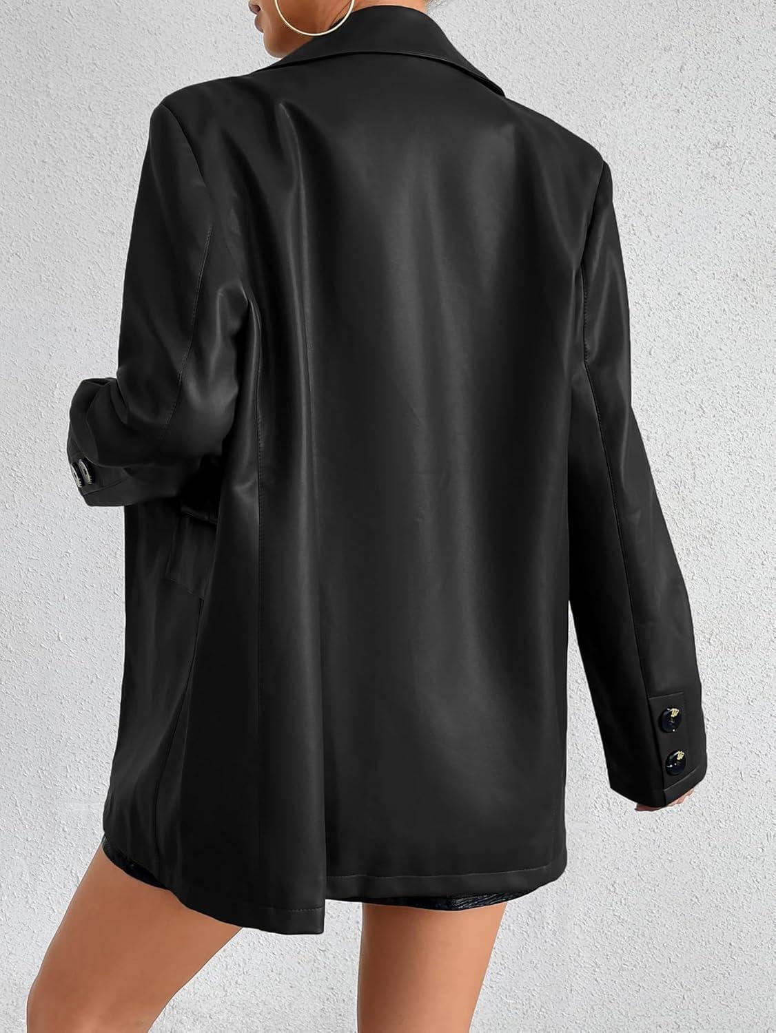 imageWomens Faux Leather Blazer Jacket Moto Biker Coat Long Sleeves Button Fashion CoatsBlack