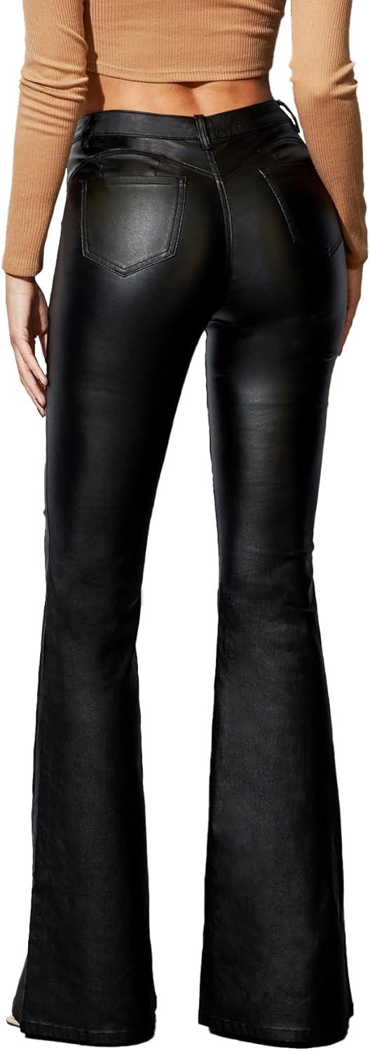 imageWomens Faux Leather Coated Flare Pants Mid Waist PU Skinny Black Leggings Bell Bottom Pants with PocketsBlack