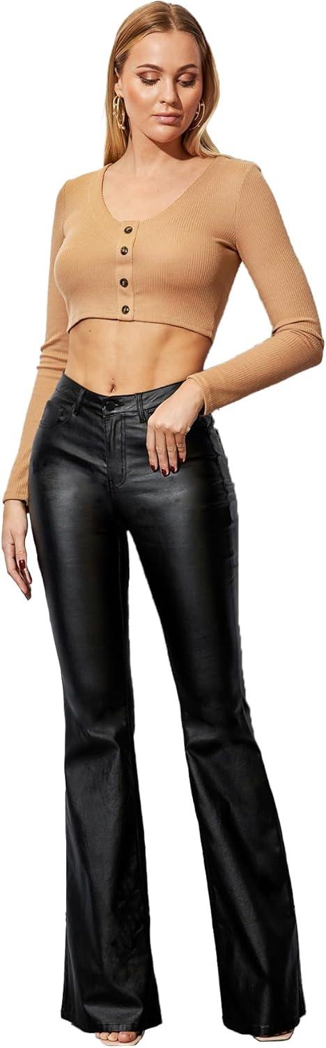 imageWomens Faux Leather Coated Flare Pants Mid Waist PU Skinny Black Leggings Bell Bottom Pants with PocketsBlack