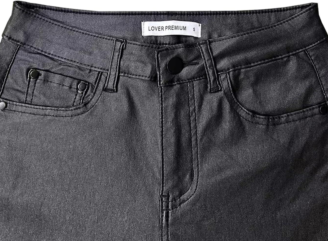 imageWomens Faux Leather Coated Flare Pants Mid Waist PU Skinny Black Leggings Bell Bottom Pants with PocketsBlack