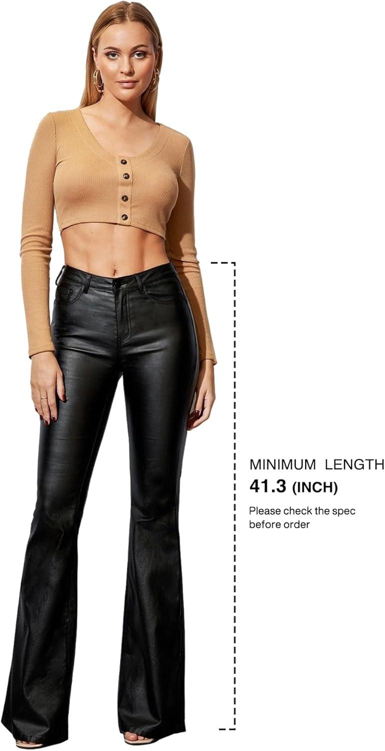 imageWomens Faux Leather Coated Flare Pants Mid Waist PU Skinny Black Leggings Bell Bottom Pants with PocketsBlack