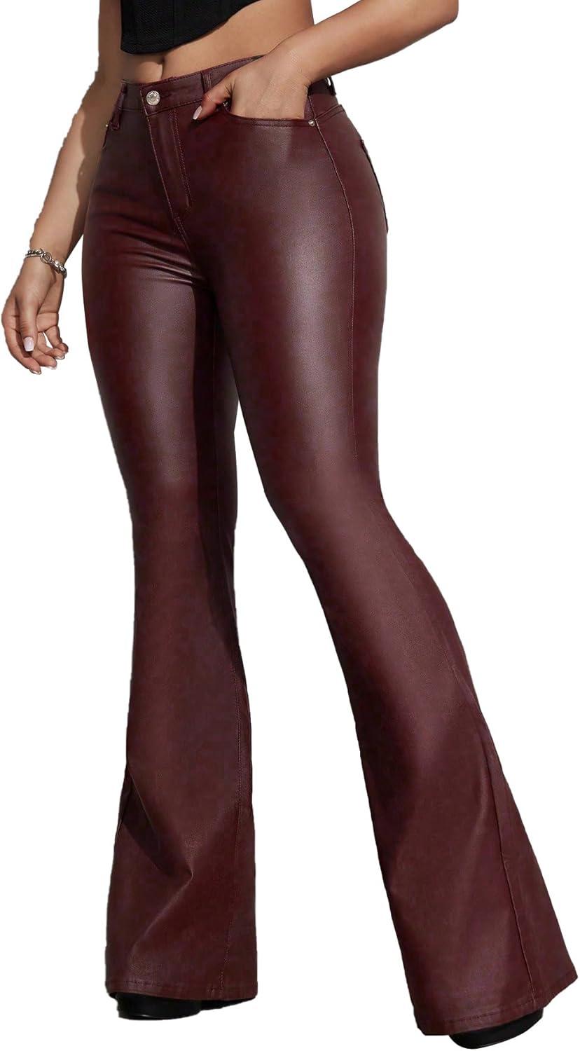 imageWomens Faux Leather Coated Flare Pants Mid Waist PU Skinny Black Leggings Bell Bottom Pants with PocketsBurgundy