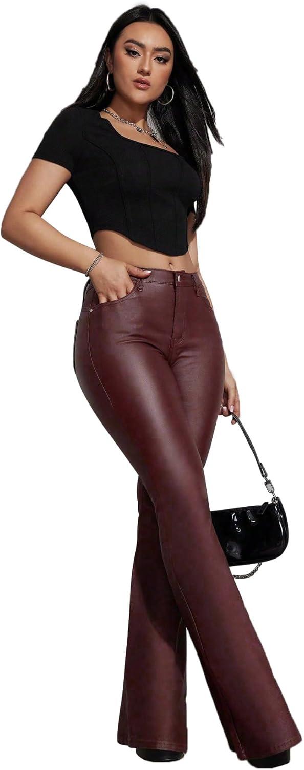 imageWomens Faux Leather Coated Flare Pants Mid Waist PU Skinny Black Leggings Bell Bottom Pants with PocketsBurgundy