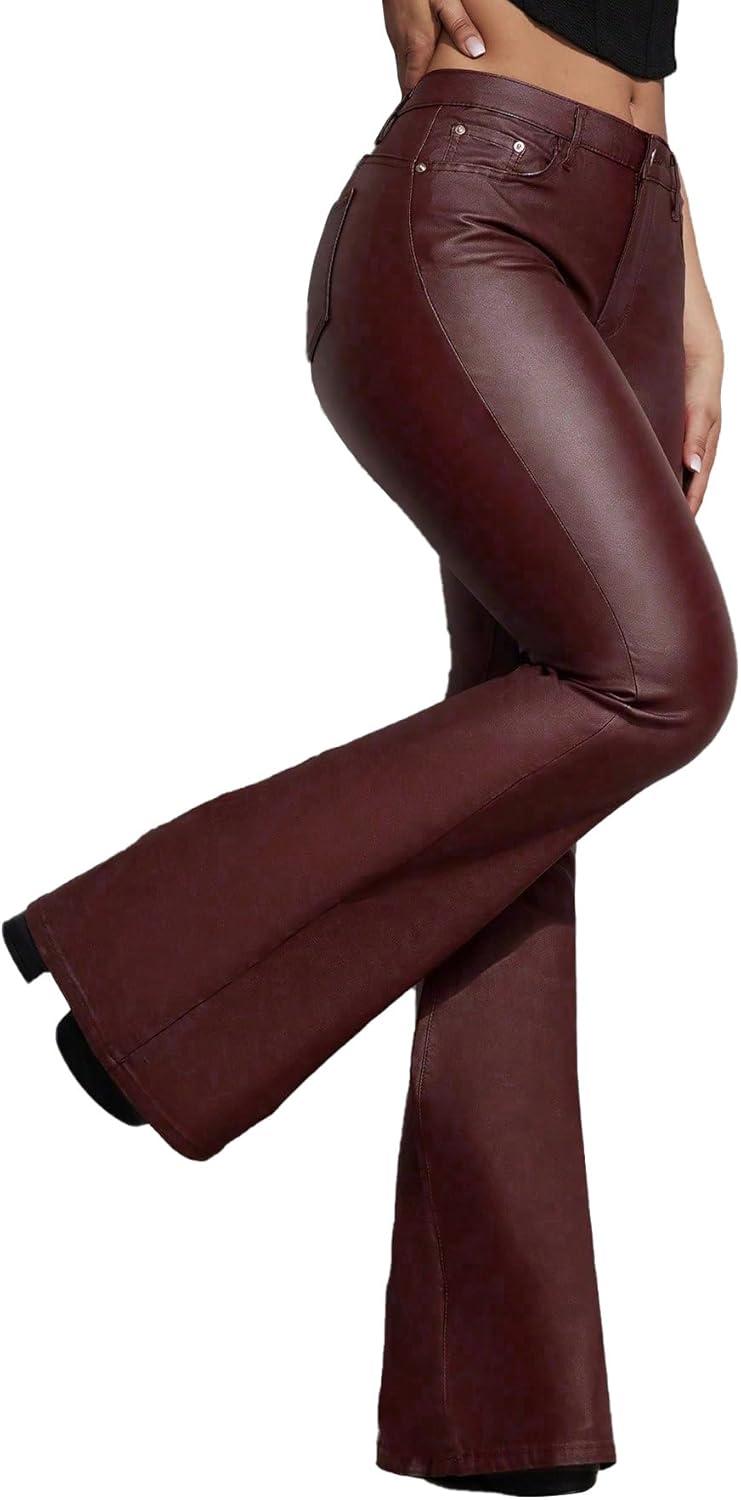 imageWomens Faux Leather Coated Flare Pants Mid Waist PU Skinny Black Leggings Bell Bottom Pants with PocketsBurgundy