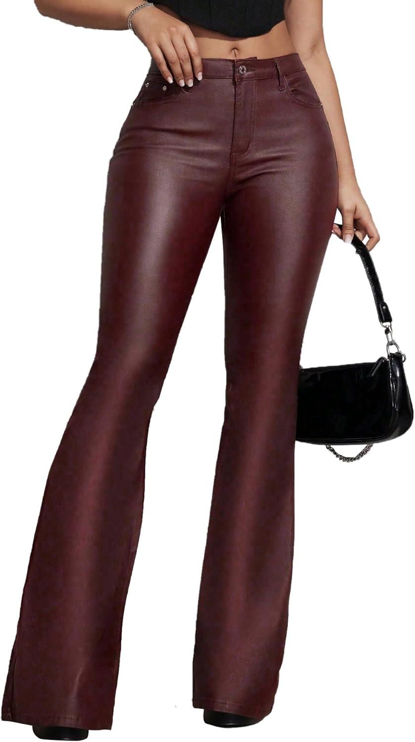 imageWomens Faux Leather Coated Flare Pants Mid Waist PU Skinny Black Leggings Bell Bottom Pants with PocketsBurgundy