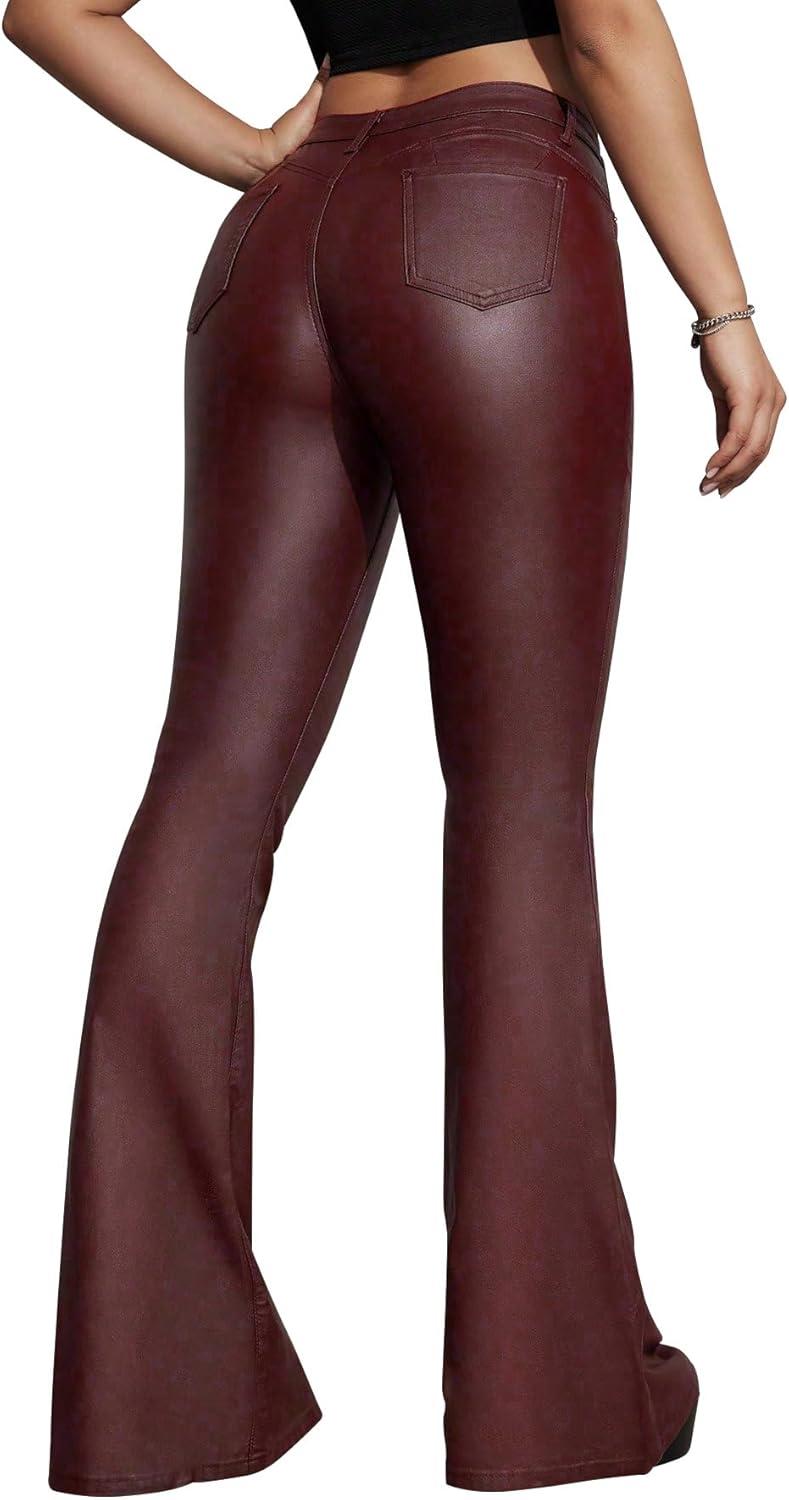 imageWomens Faux Leather Coated Flare Pants Mid Waist PU Skinny Black Leggings Bell Bottom Pants with PocketsBurgundy