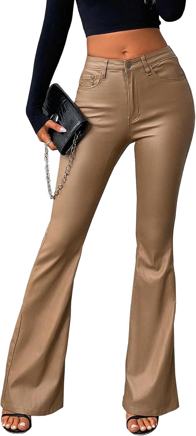 imageWomens Faux Leather Coated Flare Pants Mid Waist PU Skinny Black Leggings Bell Bottom Pants with PocketsCamel