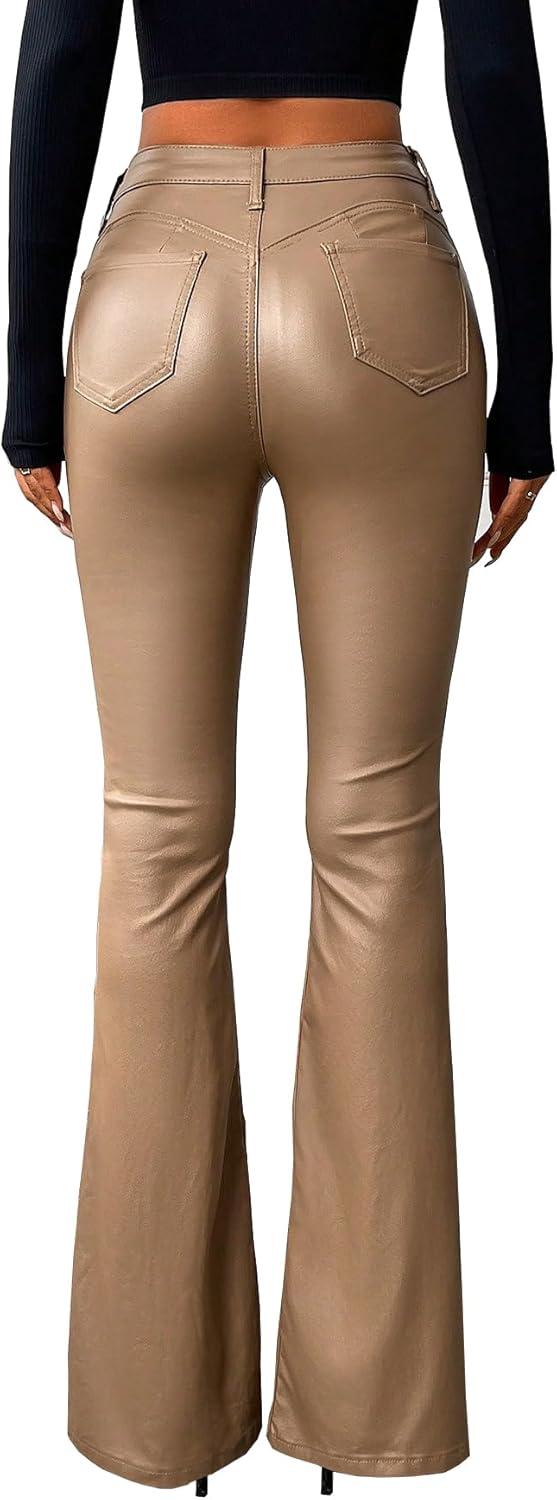imageWomens Faux Leather Coated Flare Pants Mid Waist PU Skinny Black Leggings Bell Bottom Pants with PocketsCamel