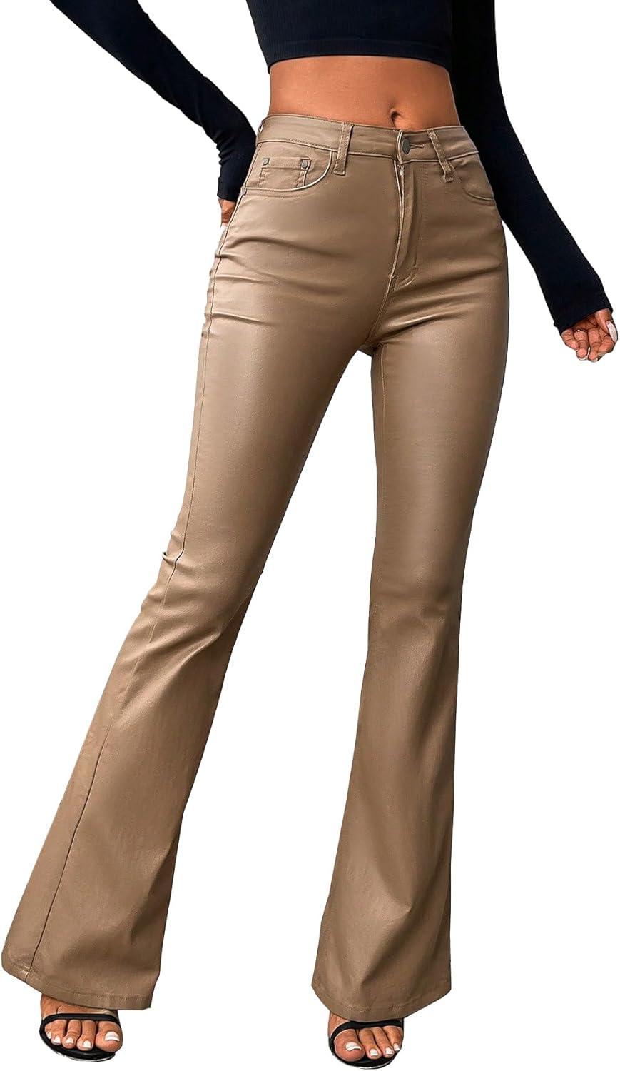 imageWomens Faux Leather Coated Flare Pants Mid Waist PU Skinny Black Leggings Bell Bottom Pants with PocketsCamel