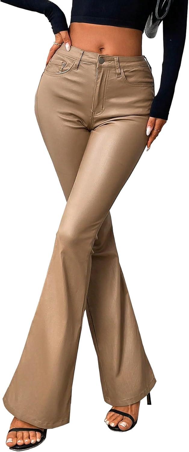 imageWomens Faux Leather Coated Flare Pants Mid Waist PU Skinny Black Leggings Bell Bottom Pants with PocketsCamel