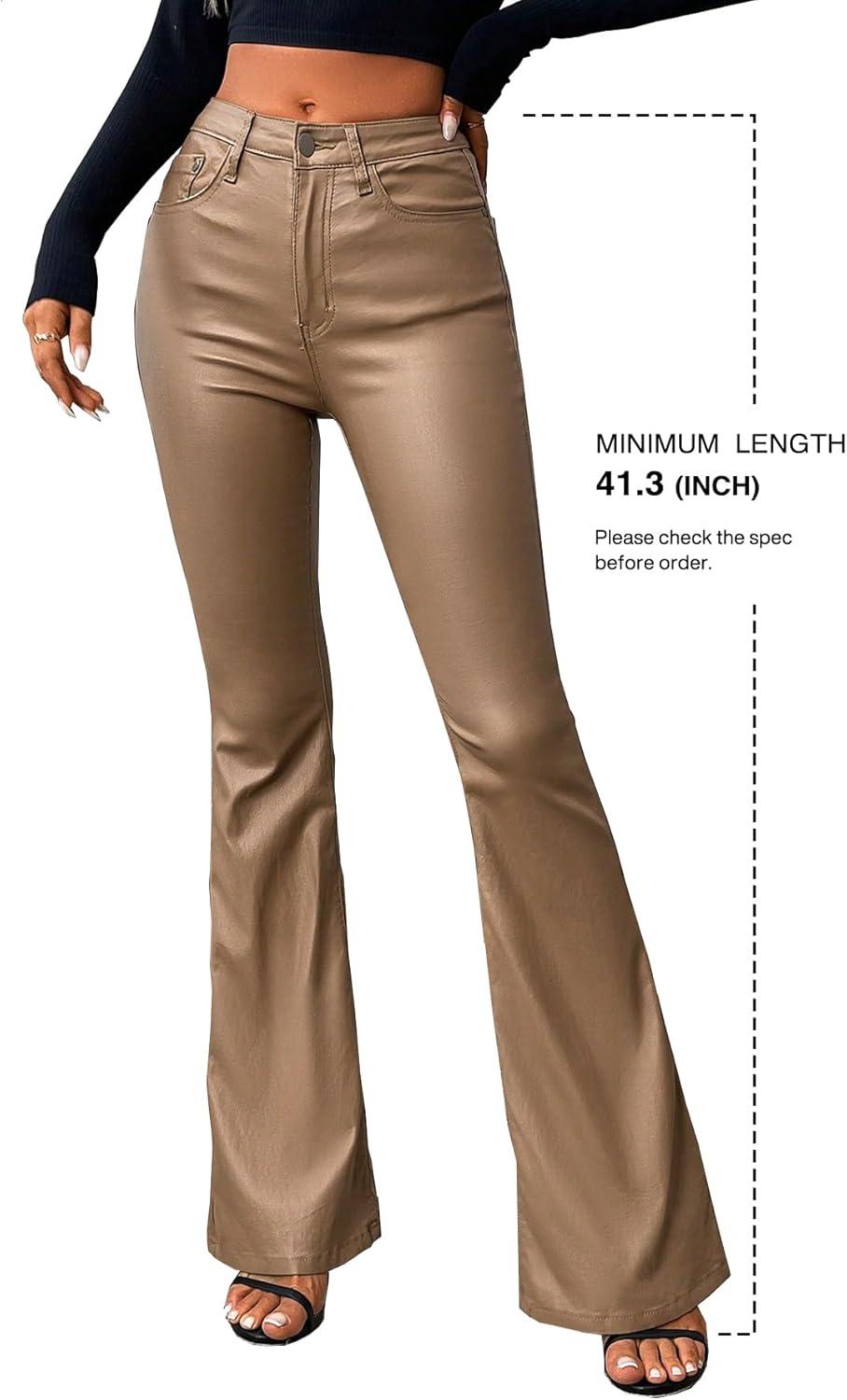 imageWomens Faux Leather Coated Flare Pants Mid Waist PU Skinny Black Leggings Bell Bottom Pants with PocketsCamel