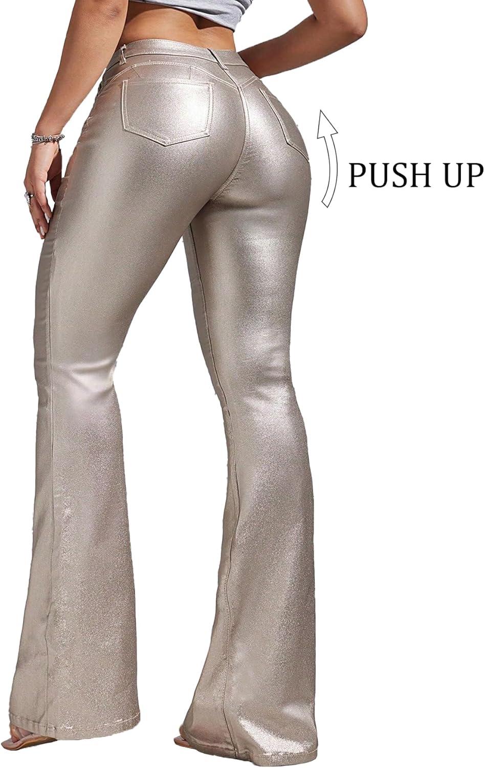 imageWomens Faux Leather Coated Flare Pants Mid Waist PU Skinny Black Leggings Bell Bottom Pants with PocketsChampagne