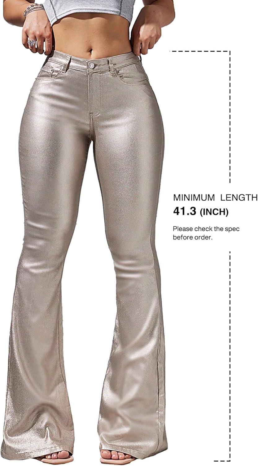 imageWomens Faux Leather Coated Flare Pants Mid Waist PU Skinny Black Leggings Bell Bottom Pants with PocketsChampagne