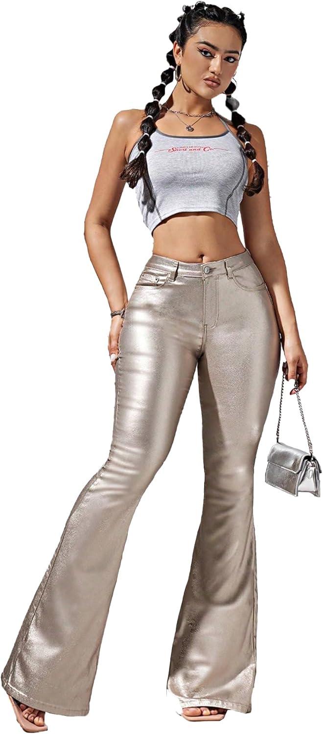 imageWomens Faux Leather Coated Flare Pants Mid Waist PU Skinny Black Leggings Bell Bottom Pants with PocketsChampagne