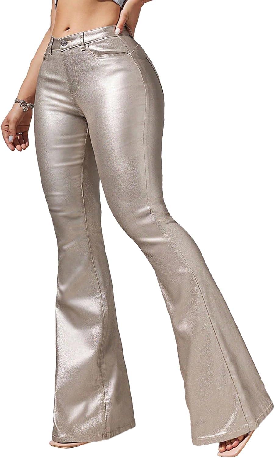 imageWomens Faux Leather Coated Flare Pants Mid Waist PU Skinny Black Leggings Bell Bottom Pants with PocketsChampagne
