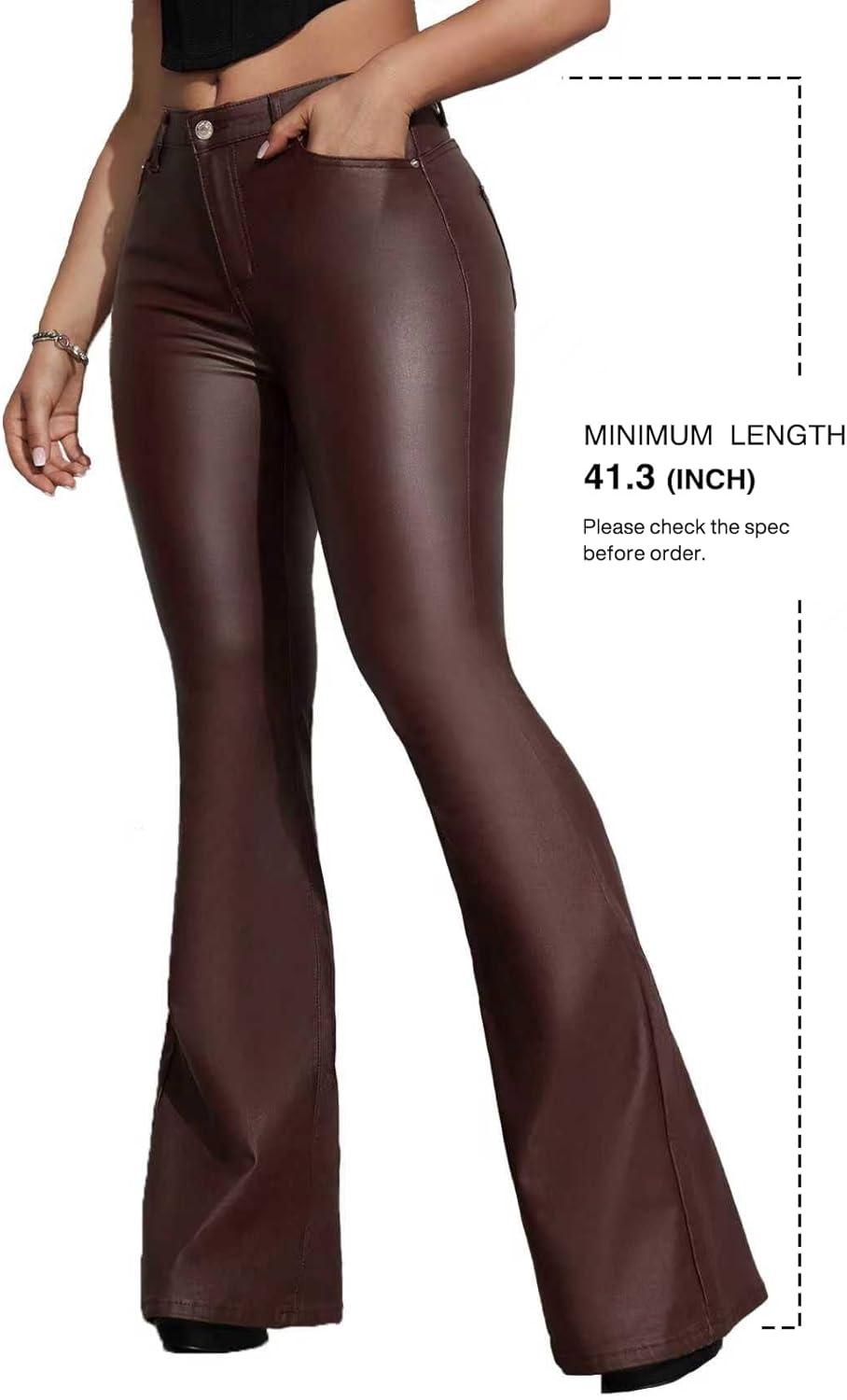 imageWomens Faux Leather Coated Flare Pants Mid Waist PU Skinny Black Leggings Bell Bottom Pants with PocketsChocolate