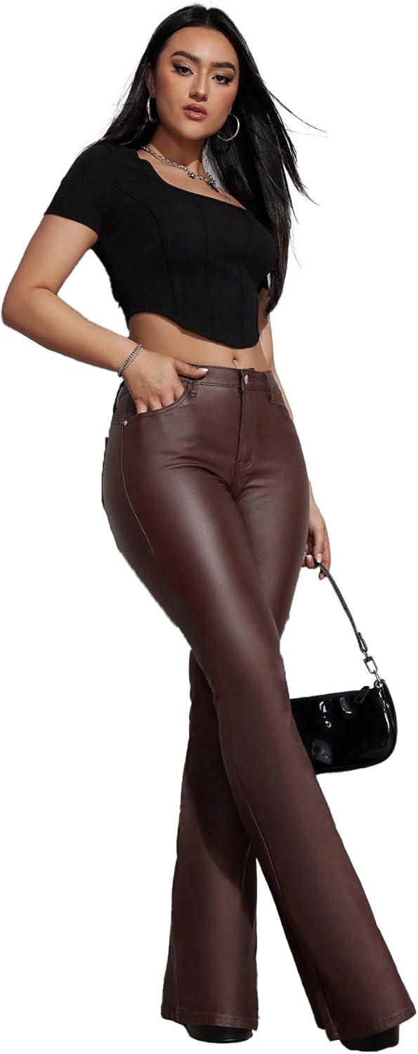 imageWomens Faux Leather Coated Flare Pants Mid Waist PU Skinny Black Leggings Bell Bottom Pants with PocketsChocolate