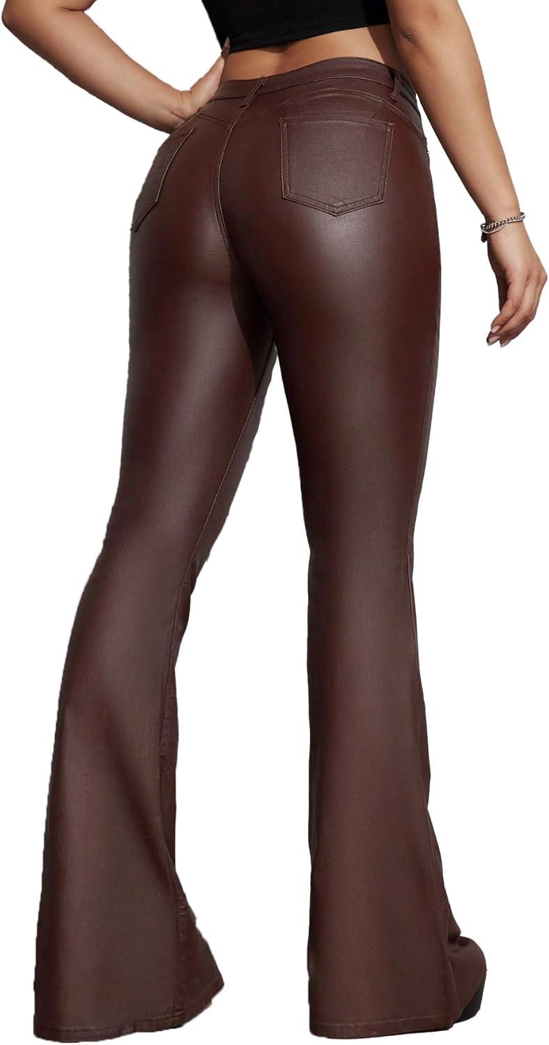 imageWomens Faux Leather Coated Flare Pants Mid Waist PU Skinny Black Leggings Bell Bottom Pants with PocketsChocolate